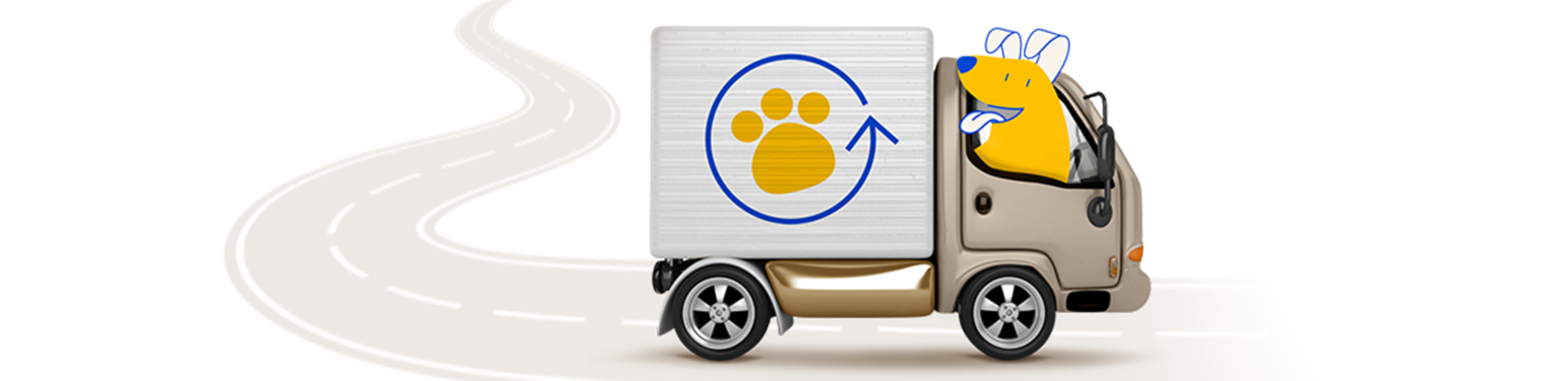 AutoShip & Save icon on a delivery truck which is driving on a path. There is a Pet Supermarket peticon of a dog sticking it's head out the window of the truck. 