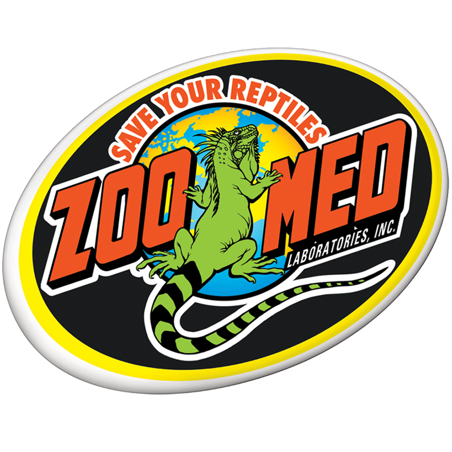 (round, yellow-bordered badge with "SAVE YOUR REPTILES" and "ZOO MED" text in red and green) | Iguana under a heat lamp in a rocky terrarium environment.