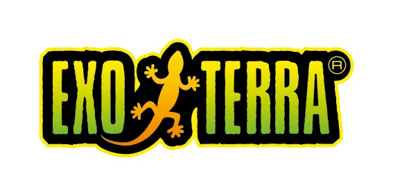 (yellow lizard silhouette with "EXO TERRA" text in bold, uppercase letters) | Close-up of a bearded dragon lizard sitting on a branch with a dark, blurred background.