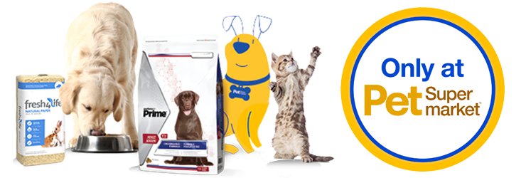 A golden retriever eating from a bowl next to Fresh4Life cat litter, Performatrin Prime dog food, a yellow cartoon dog Pet Supermarket Peticon, and a playful tabby cat, with text reading "Only at Pet Supermarket" in a circular design.