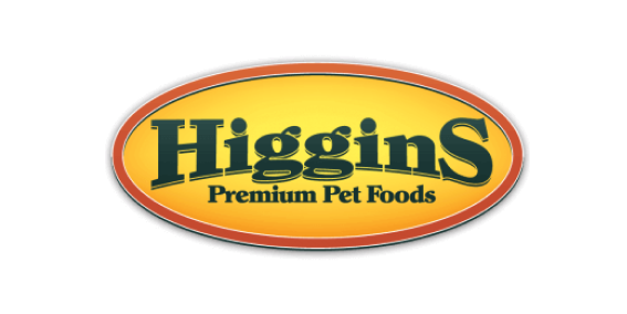 Higgins Premium Pet Foods logo (yellow oval badge with "Higgins" text and "Premium Pet Foods" in a red banner) | Gray parrot, white ferret, brown rabbit, and guinea pig on a white background.